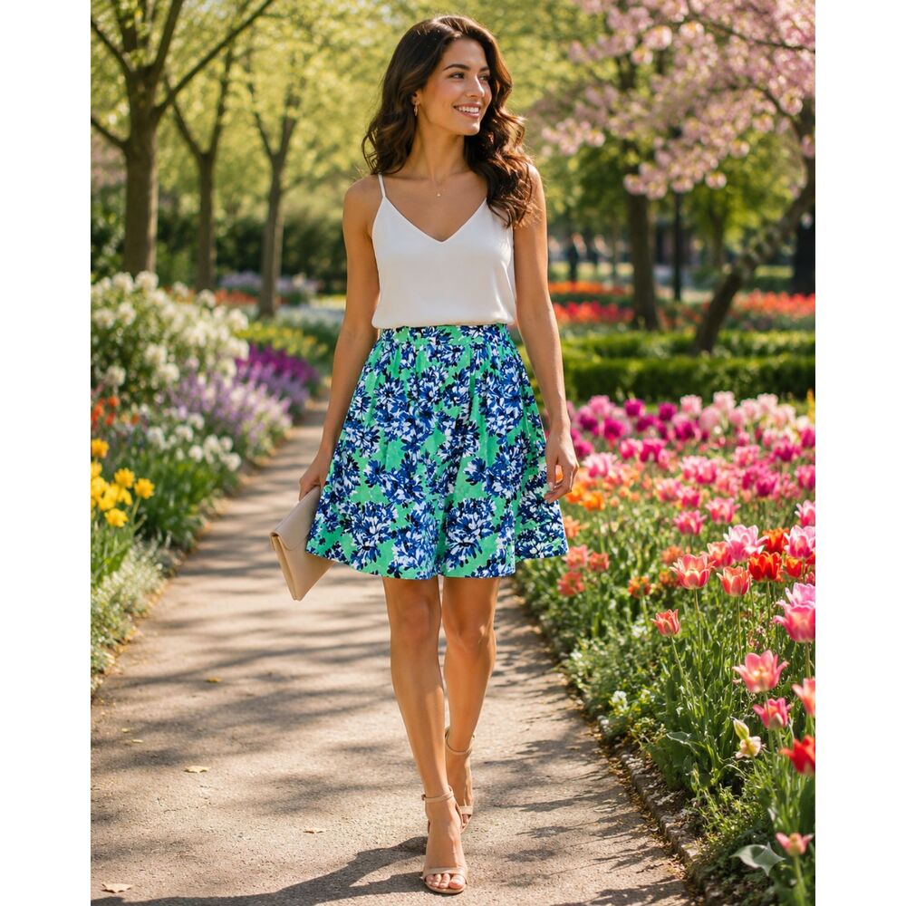 J. Crew Green Photo Floral High Waist Midi Full Skirt 8 Colorful